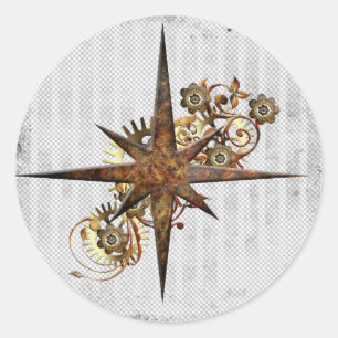 Pegatina Redonda Estrella de brújula Steampunk