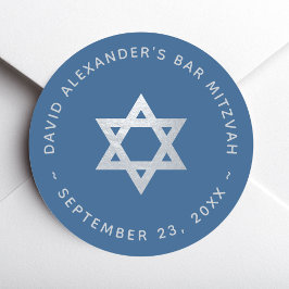 Pegatina Redonda Estrella de David Bar Mitzvah Clásico Azul Falso P