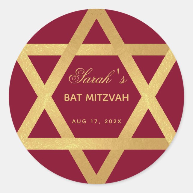 Pegatina Redonda Estrella de David de Bat Mitzvah Burgundy Faux Rel (Anverso)