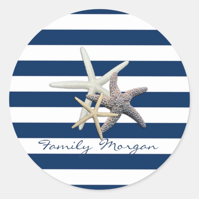 Pegatina Redonda Estrella de mar adorable, rayas azul marino-person (Anverso)