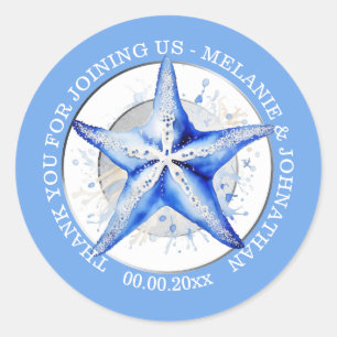 Pegatina Redonda Estrella de mar azul blanco boda redondo elegante 