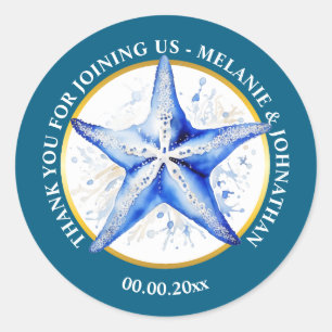 Pegatina Redonda Estrella de mar boda azul blanco tema redondo