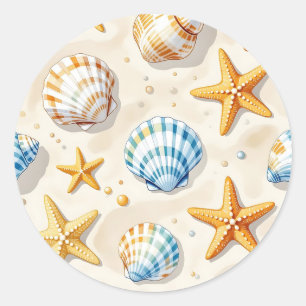 Pegatina Redonda Estrella de mar de conchas marinas costeras Patrón
