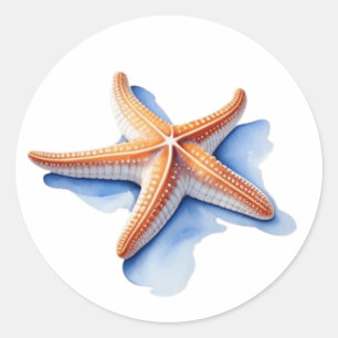 Pegatina Redonda Estrella de mar y silueta azul