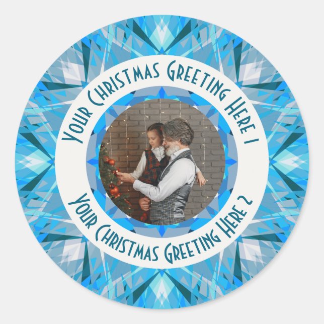 Pegatina Redonda Estrella de Navidad personalizada Invierno Azul Fo (Anverso)