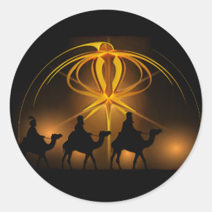 Pegatina Redonda Estrella de oro de los hombres sabios del navidad