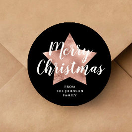Pegatina Redonda Estrella de oro del Rosa negro de Feliz Navidad