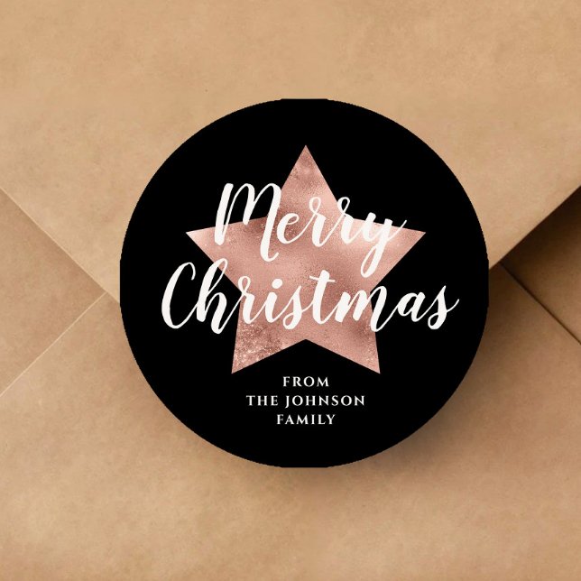 Pegatina Redonda Estrella de oro del Rosa negro de Feliz Navidad (Merry Christmas Black Rose Gold Star Classic Round Sticker)