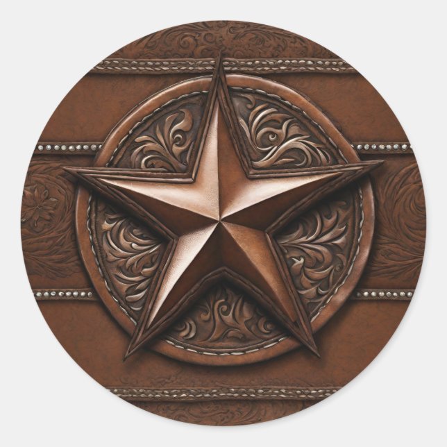 Pegatina Redonda Estrella de Texas Campo Occidental Ranchero Rústic (Anverso)