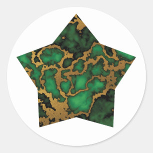 Pegatina Redonda Estrella de textura de mármol verde y dorado del b