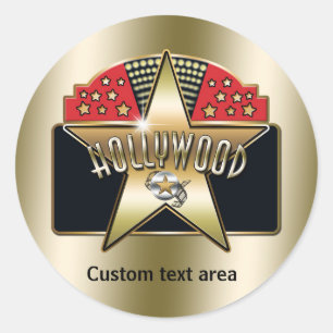 Pegatina Redonda Estrella de tipografía retro de Hollywood en oro p