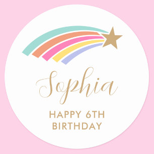 Pegatina Redonda Estrella de tiro arcoiris 6 cumpleaños