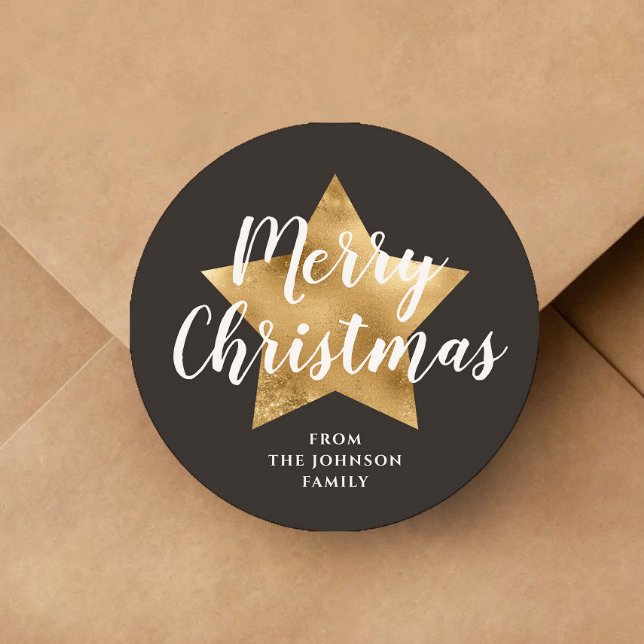Pegatina Redonda Estrella festiva Feliz Navidad (Merry Christmas Gold Star Brown Classic Round Sticke)