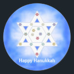 Pegatina Redonda Estrella Hanukkah y copos de nieve azul<br><div class="desc">Pegatinas con mi diseño de la Estrella de David y pequeños copos de nieve coloridos en un fondo azul y blanco. El texto dice "Feliz Hanukkah".</div>