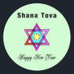 Pegatina Redonda Estrella judía Shana Tova<br><div class="desc">La estrella judía de Shana Tova ofrece la estrella hebrea del vitral del estilo de David y del saludo soleado por una Feliz Año Nuevo.</div>