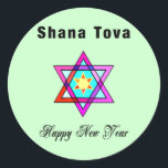 Pegatina Redonda Estrella judía Shana Tova<br><div class="desc">La estrella judía de Shana Tova ofrece la estrella hebrea del vitral del estilo de David y del saludo soleado por una Feliz Año Nuevo.</div>
