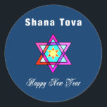 Pegatina Redonda Estrella judía Shana Tova<br><div class="desc">La estrella judía Shana Tova presenta una vidriera de estilo hebreo Estrella de David y un saludo soleado para un Feliz Año Nuevo.</div>