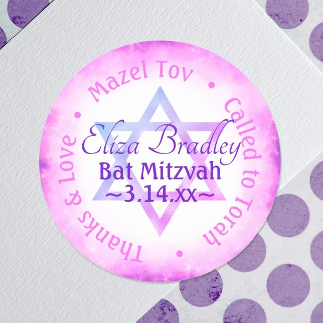 Pegatina Redonda Estrella morada rosada murciélago partido Mitzvah  (pink party favor personalized bat mitzvah sticker round pink star of david cute girls envelope seal)
