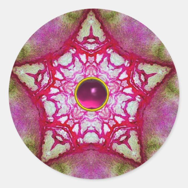PEGATINA REDONDA ESTRELLA ROJA ABSTRACTA CON FUCHSIA AMETHYST GEM (Anverso)