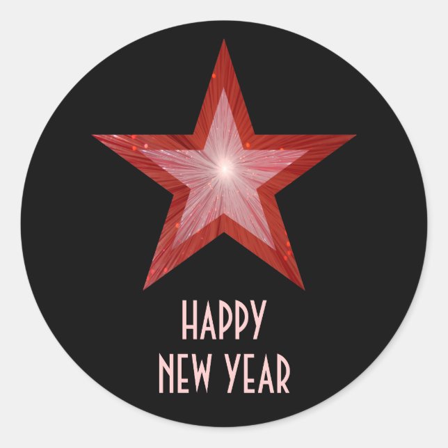 Pegatina Redonda Estrella roja 'Feliz Año Nuevo' negro (Anverso)