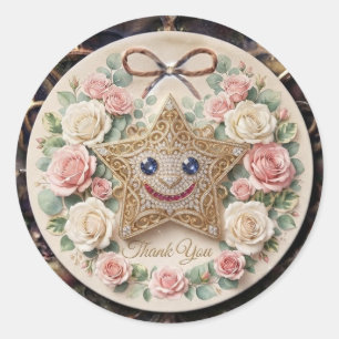 Pegatina Redonda Estrella Sonriente Adorable con Rosas Alrededor Pe