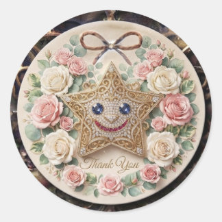 Pegatina Redonda Estrella Sonriente Adorable con Rosas Alrededor Pe
