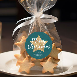 Pegatina Redonda Estrella verde de oro navideña