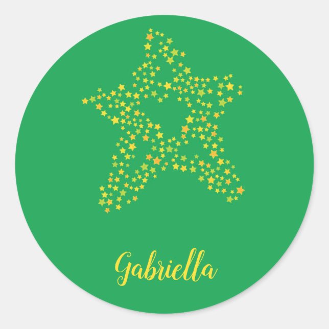Pegatina Redonda Estrellas amarillas en verde (Anverso)