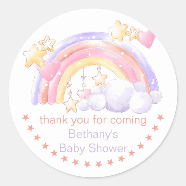 Pegatina Redonda Estrellas arcoiris y Chica de nubes Baby Shower Gr (Anverso)