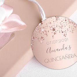 Pegatina Redonda Estrellas brillantes de oro rosa Quinceanera purpu