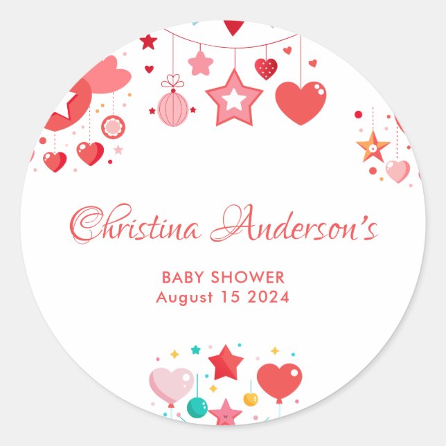 Pegatina Redonda Estrellas de Chica rojo rompen Baby Shower (Anverso)