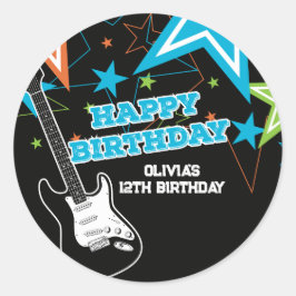 Pegatina Redonda Estrellas de Guitarra Cumpleaños de Rock Star Azul