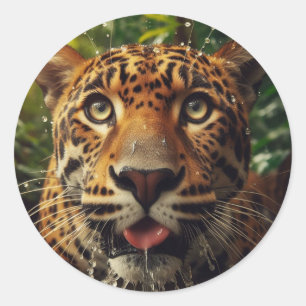 Pegatina Redonda Estrellas de leopardo mientras agita agua en la ju