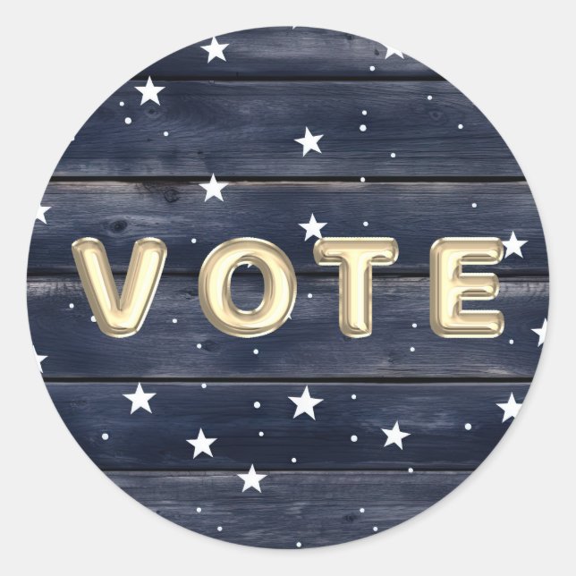 Pegatina Redonda Estrellas de Madera Azul Rústico Vota (Anverso)