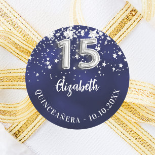 Pegatina Redonda Estrellas de plata azul marino Quinceanera