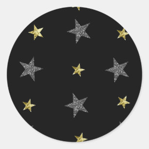 Pegatina Redonda Estrellas de plata y oro Fiesta de estrellas negra