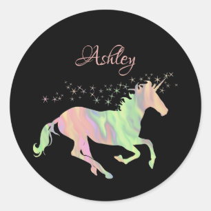 Pegatina Redonda Estrellas multicolores de Unicornio y nombre