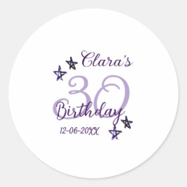 Pegatina Redonda Estrellas purpurinas moradas 30 años retro moderno