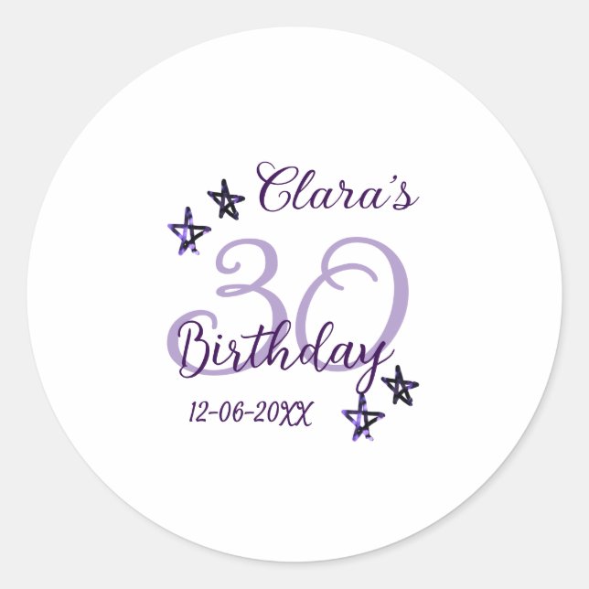 Pegatina Redonda Estrellas purpurinas moradas 30 años retro moderno (Anverso)