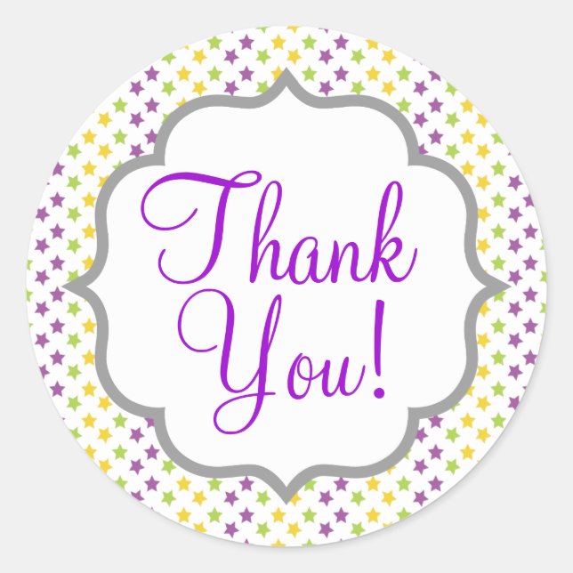 Pegatina Redonda Estrellas violetas moradas, verdes y amarillas, es (Anverso)