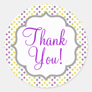 Pegatina Redonda Estrellas violetas moradas, verdes y amarillas, es