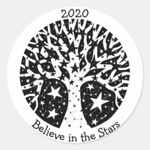 Pegatina Redonda Estrellas y constelaciones Árbol de vida B/W