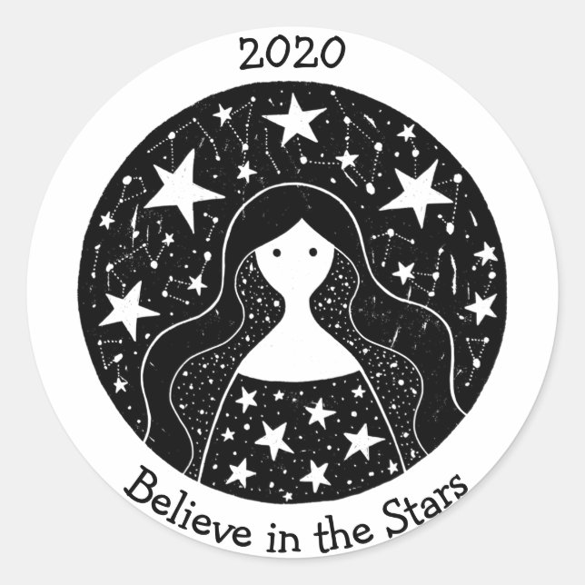 Pegatina Redonda Estrellas y constelaciones Diosa Mujer B/W (Anverso)