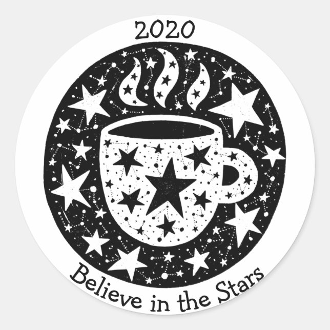 Pegatina Redonda Estrellas y constelaciones mañana café té B/W (Anverso)