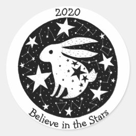 Pegatina Redonda Estrellas y constelaciones Starry Bunny Rabbit B/W