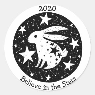 Pegatina Redonda Estrellas y constelaciones Starry Bunny Rabbit B/W