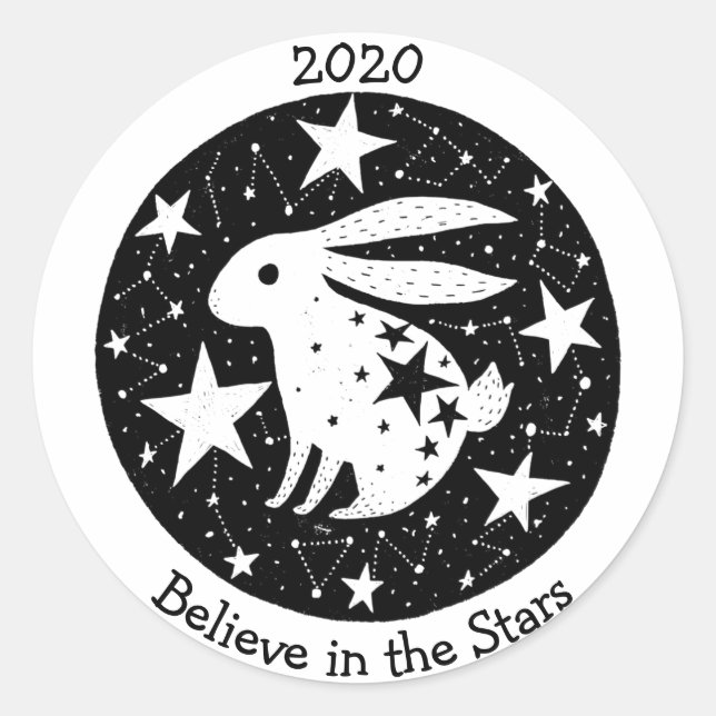 Pegatina Redonda Estrellas y constelaciones Starry Bunny Rabbit B/W (Anverso)