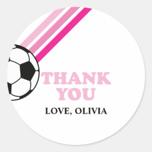 Pegatina Redonda Estripas rosadas de fútbol gracias cumpleaños