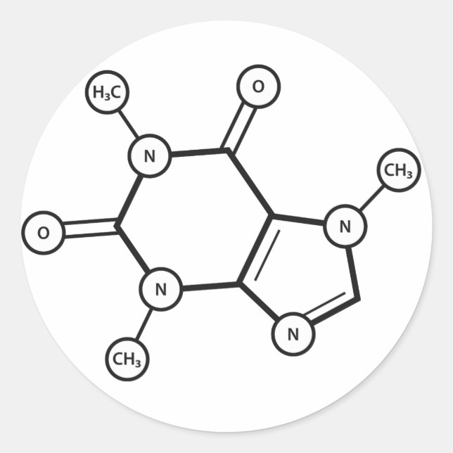 Pegatina Redonda estructura molecular de cafeína (Anverso)