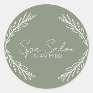Pegatina Redonda Estudio de Belleza Branch Salon Verde Salvia